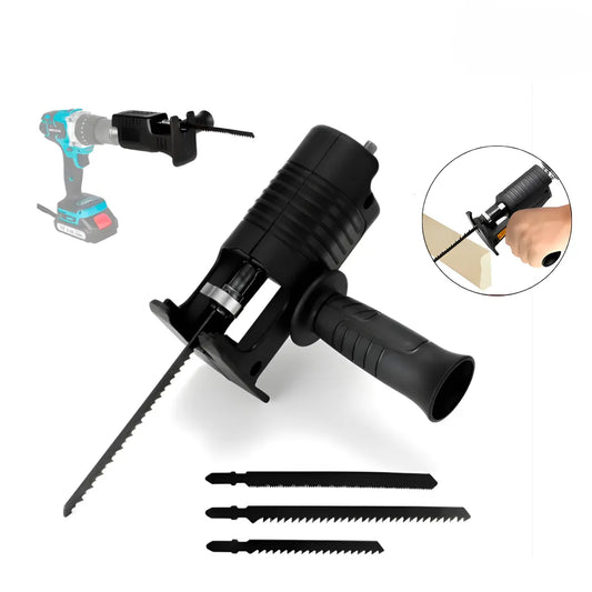 Adaptador de Sierra Recíproca para Taladro | Kit de Carpintería con 3 Hojas de Sierra | Cortador Versátil para Madera y Metal | Mango Antideslizante y Deflector de Seguridad