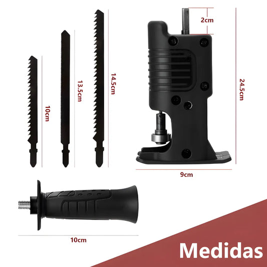 Adaptador de Sierra Recíproca para Taladro | Kit de Carpintería con 3 Hojas de Sierra | Cortador Versátil para Madera y Metal | Mango Antideslizante y Deflector de Seguridad