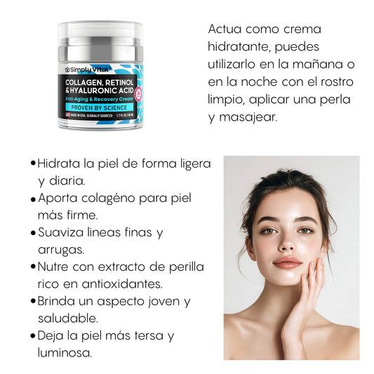 Crema Facial Antiedad 50ml | Retinol + Colágeno + Ácido Hialurónico | Hidratación Profunda Día y Noche con Protección Solar | Libre de Parabenos