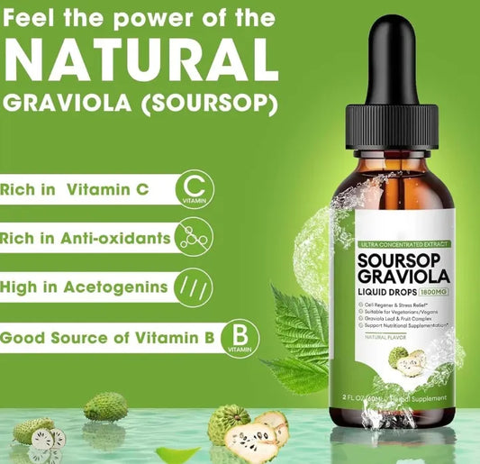 Gotas de Guanábana Orgánica 100% Puras | Extracto de Graviola para Digestión y Vitalidad, Vitaminas C y D (2 oz)