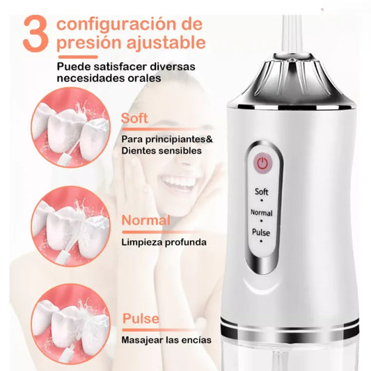 Irrigador Bucal Eléctrico Portátil 220ml | Limpiador de Dientes de Alta Presión IPX7 | 3 Modos de Uso y Carga USB | Ideal para Ortodoncia