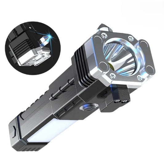 Linterna Martillo de Seguridad 4-en-1 | Powerbank Portátil, Rompe Vidrios y Cortador de Cinturón | Carga USB e Imanes de Sujeción