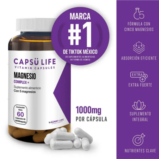 Magnesio Complex + Gummy Life 60 Cápsulas | Fórmula Avanzada de 5 Fuentes de Magnesio con Vitaminas B y C | Citrato, Glicinato y L-Treonato | Soporte para Sistema Nervioso, Energía y Músculos | 1,000 mg por Cápsula