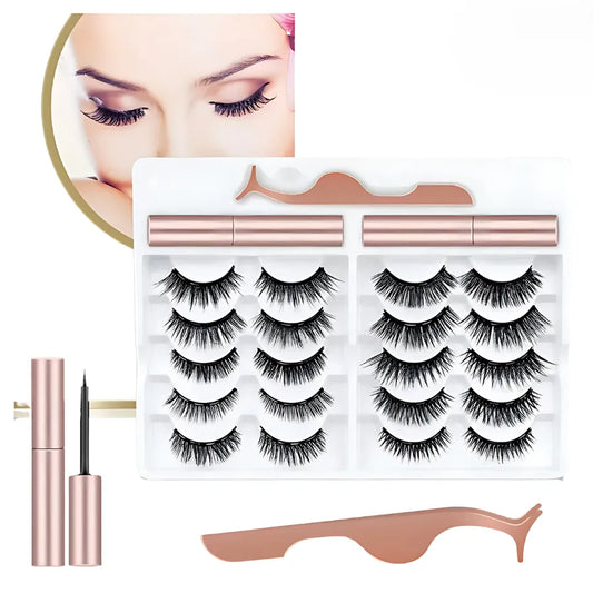 Kit de 10 Pares de Pestañas Magnéticas 3D con Delineador y Pinza | Sin Pegamento, Reutilizables e Impermeables para Mirada Intensa
