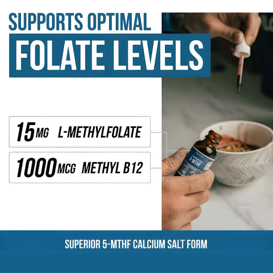 Suplemento 5-MTHF L-Metilfolato + Vitamina B12 | Fórmula de Alta Absorción para el Desarrollo Neurológico | Apoyo en el Crecimiento, Habla y Función Cognitiva | Regulación de Estado de Ánimo y Concentración
