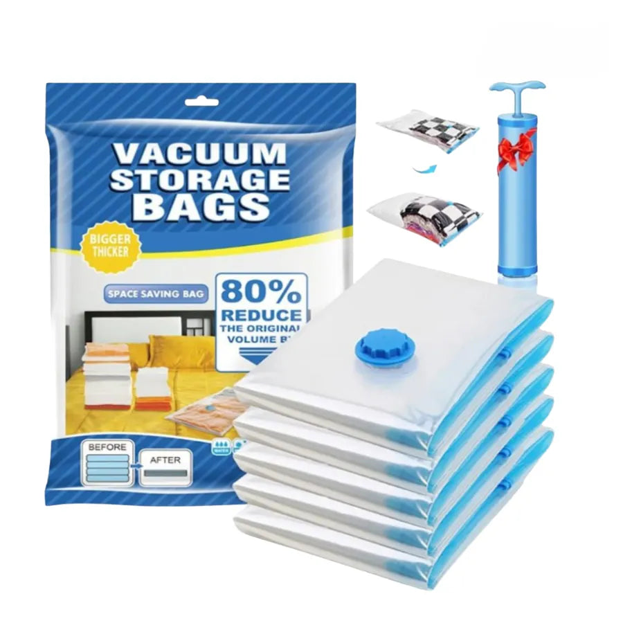 Kit de 5 Bolsas de Almacenamiento al Vacío de Gran Tamaño con Bomba Manual | Ahorra 80% de Espacio en Clóset y Maletas | Bolsas de Compresión Reutilizables para Ropa de Cama y Temporada | Sellado Hermético Reforzado