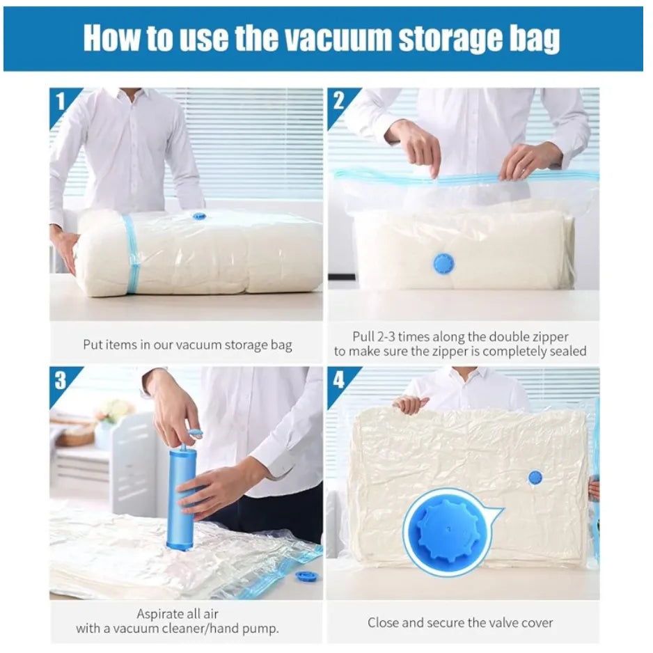 Kit de 5 Bolsas de Almacenamiento al Vacío de Gran Tamaño con Bomba Manual | Ahorra 80% de Espacio en Clóset y Maletas | Bolsas de Compresión Reutilizables para Ropa de Cama y Temporada | Sellado Hermético Reforzado