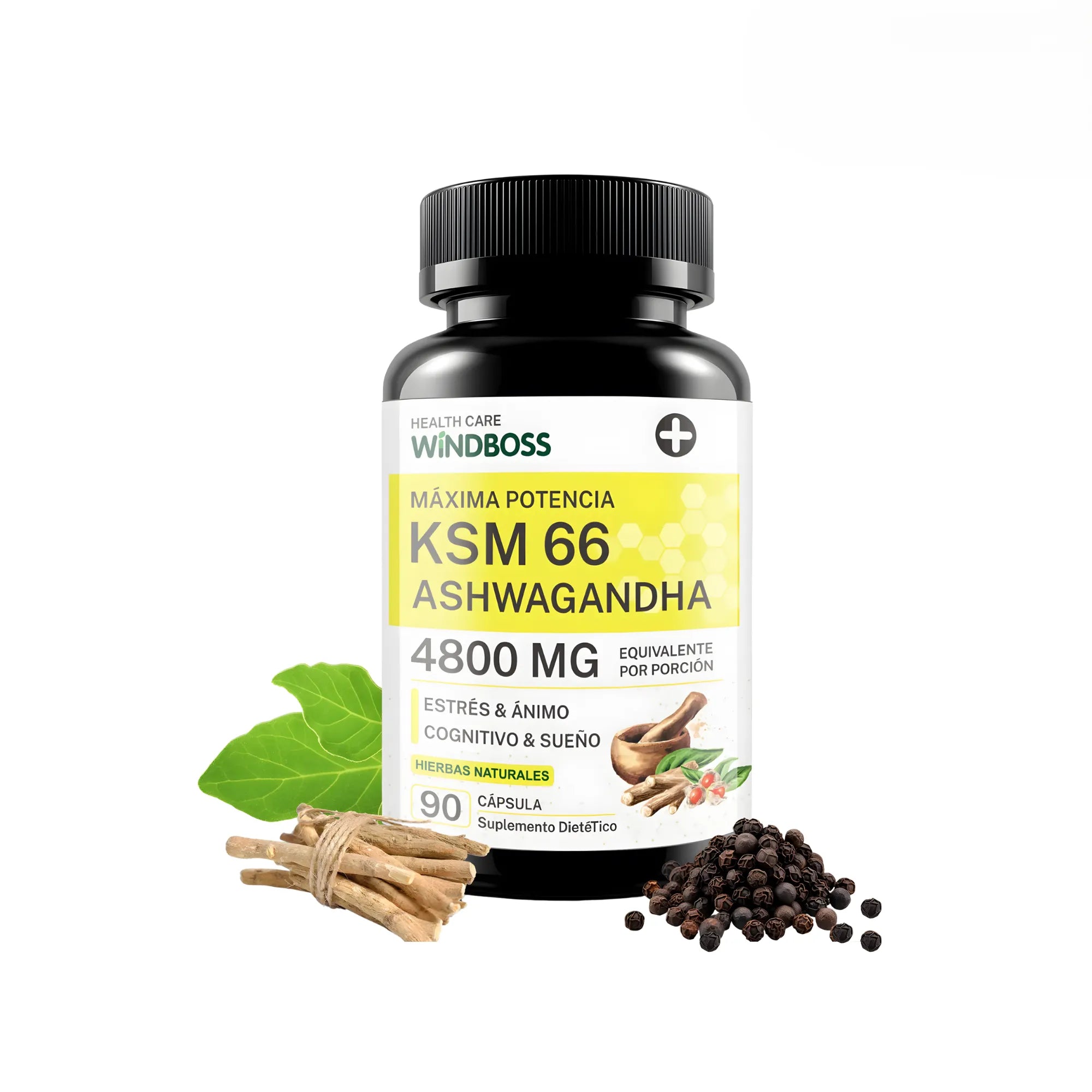 Suplemento KSM-66 Ashwagandha 90 Cápsulas | Extracto Concentrado 6:1 de Alta Potencia | Alivio del Estrés, Energía y Enfoque Mental | Con Pimienta Negra para Máxima Absorción | Soporte Natural para el Sueño y la Vitalidad