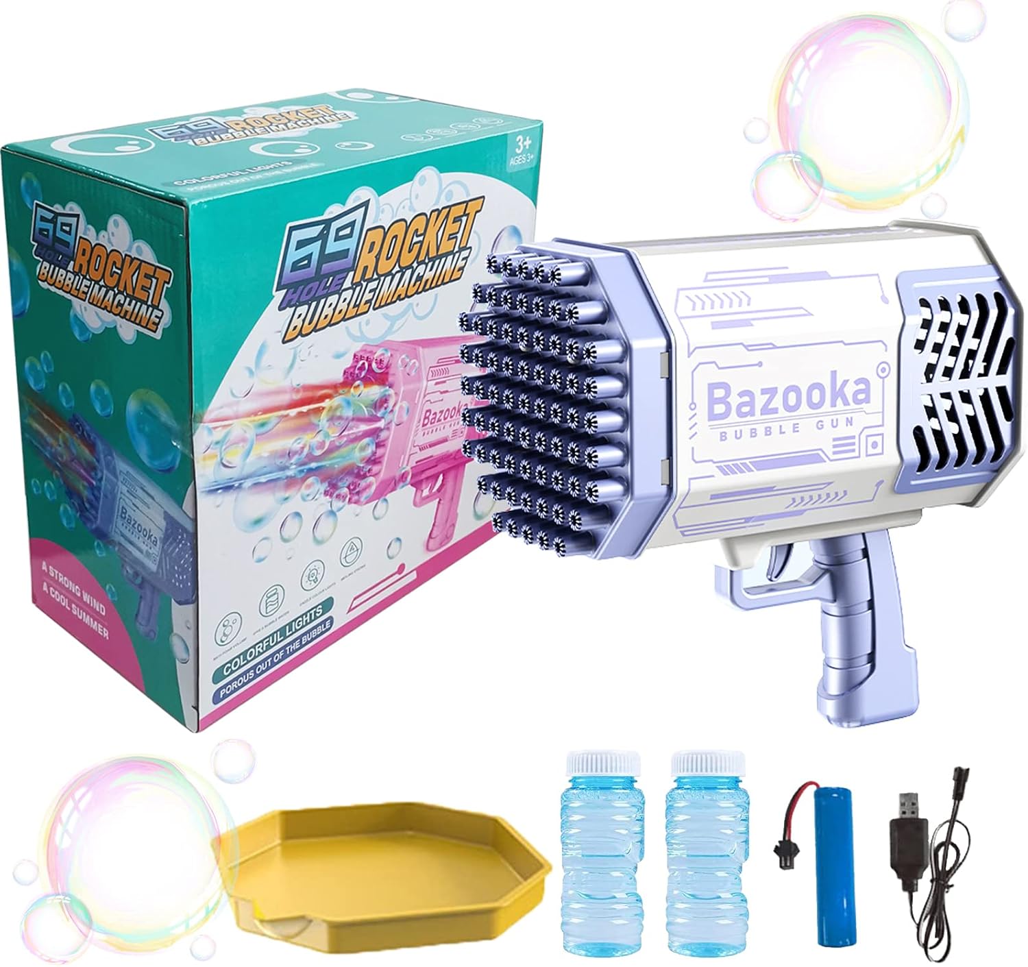 Pistola de Burbujas Bazooka de 69 Agujeros | Cohete Automático con Luz LED y Batería Recargable