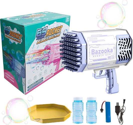Pistola de Burbujas Bazooka de 69 Agujeros | Cohete Automático con Luz LED y Batería Recargable