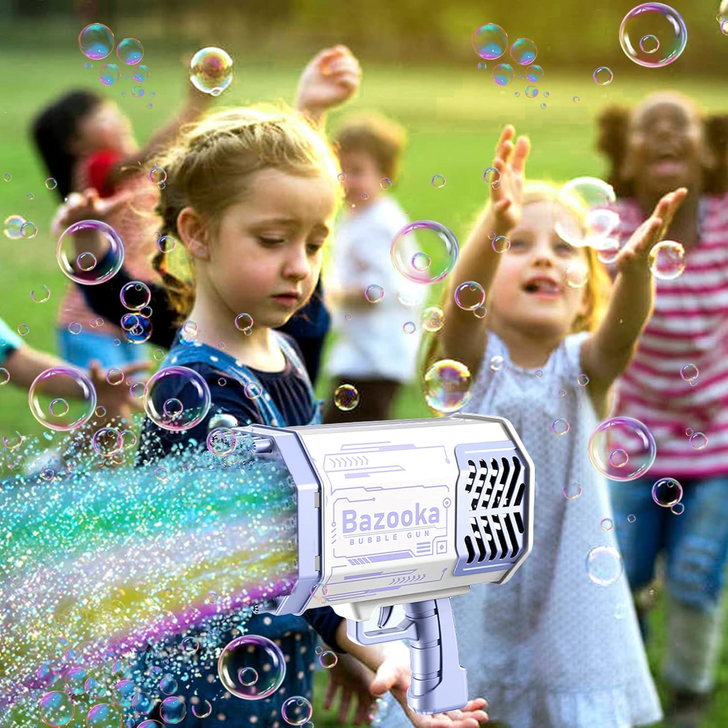 Pistola de Burbujas Bazooka de 69 Agujeros | Cohete Automático con Luz LED y Batería Recargable