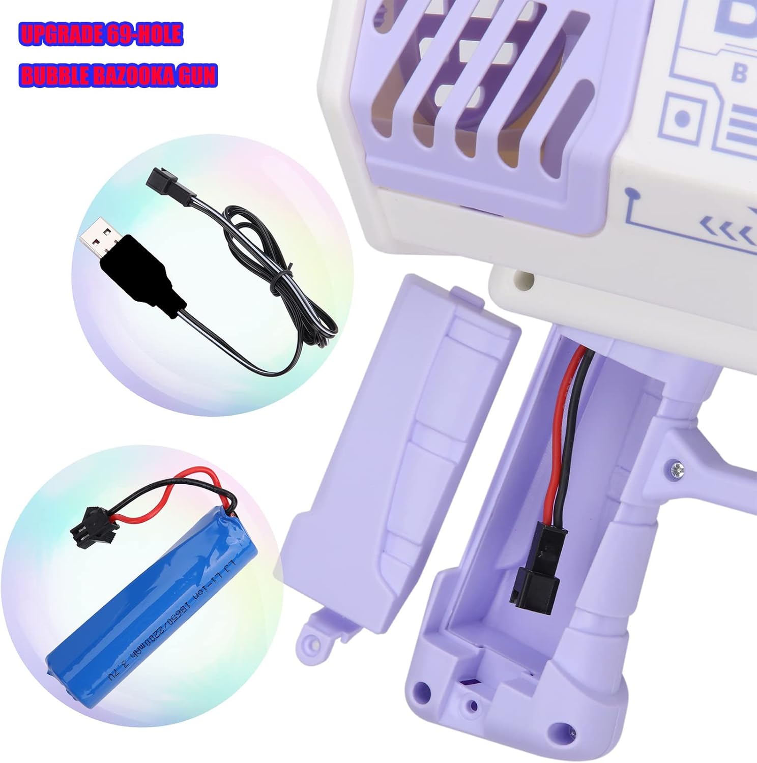 Pistola de Burbujas Bazooka de 69 Agujeros | Cohete Automático con Luz LED y Batería Recargable