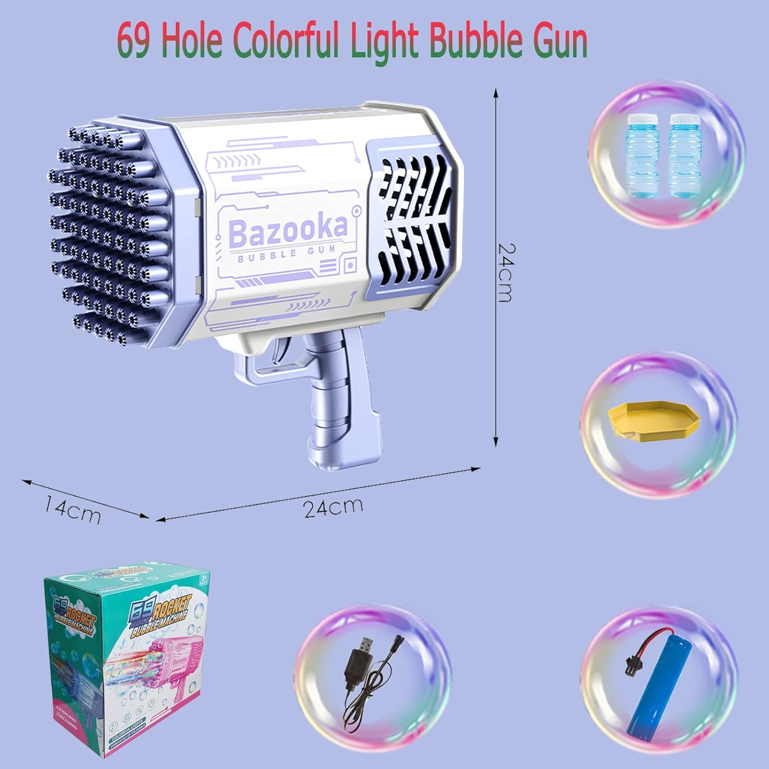 Pistola de Burbujas Bazooka de 69 Agujeros | Cohete Automático con Luz LED y Batería Recargable