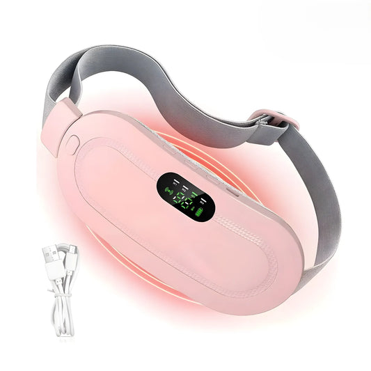 Almohadilla Térmica Banda para Cólicos y Alivio Menstrual | Cinturón Masajeador con 3 Niveles de Calor | Masaje Vibratorio Recargable USB | Suave Felpa Rosa