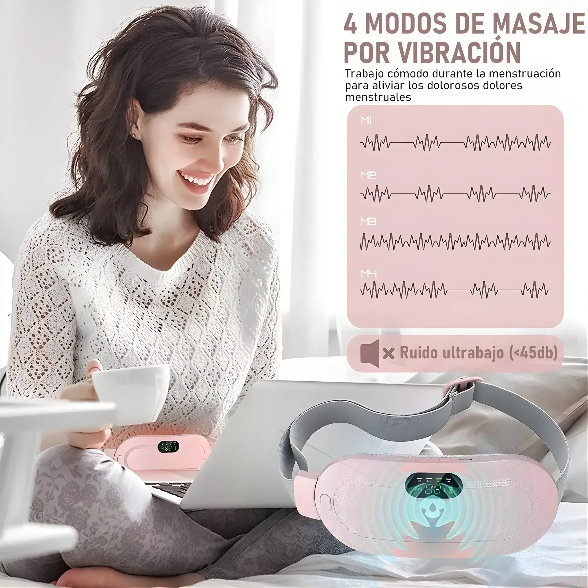Almohadilla Térmica Banda para Cólicos y Alivio Menstrual | Cinturón Masajeador con 3 Niveles de Calor | Masaje Vibratorio Recargable USB | Suave Felpa Rosa