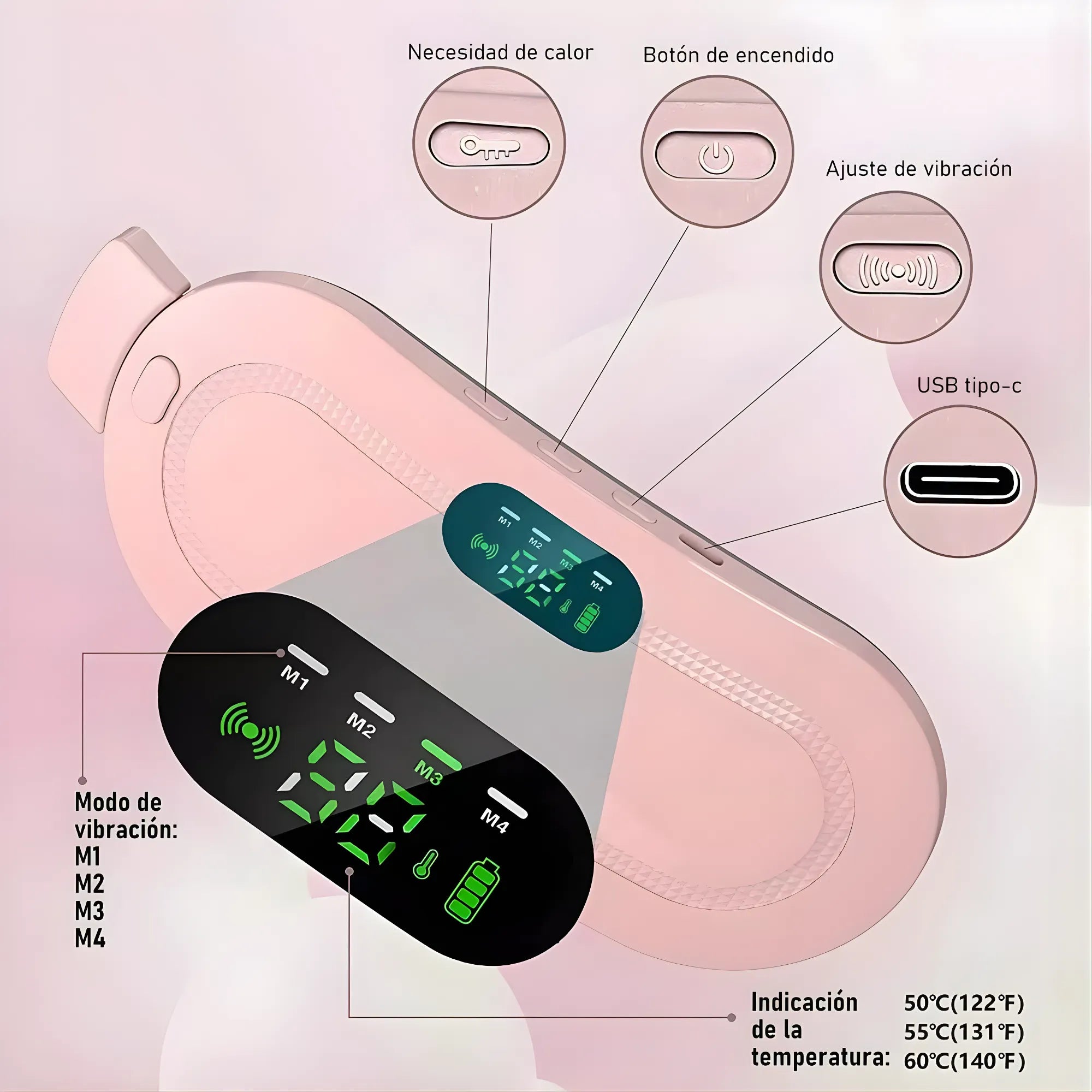 Almohadilla Térmica Banda para Cólicos y Alivio Menstrual | Cinturón Masajeador con 3 Niveles de Calor | Masaje Vibratorio Recargable USB | Suave Felpa Rosa