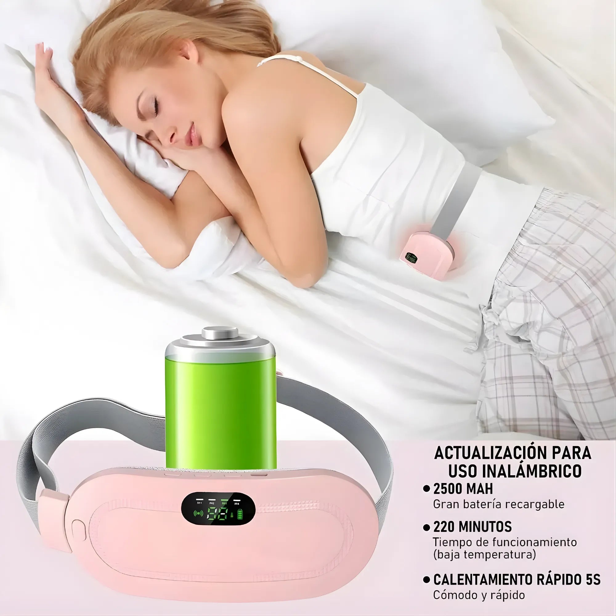 Almohadilla Térmica Banda para Cólicos y Alivio Menstrual | Cinturón Masajeador con 3 Niveles de Calor | Masaje Vibratorio Recargable USB | Suave Felpa Rosa
