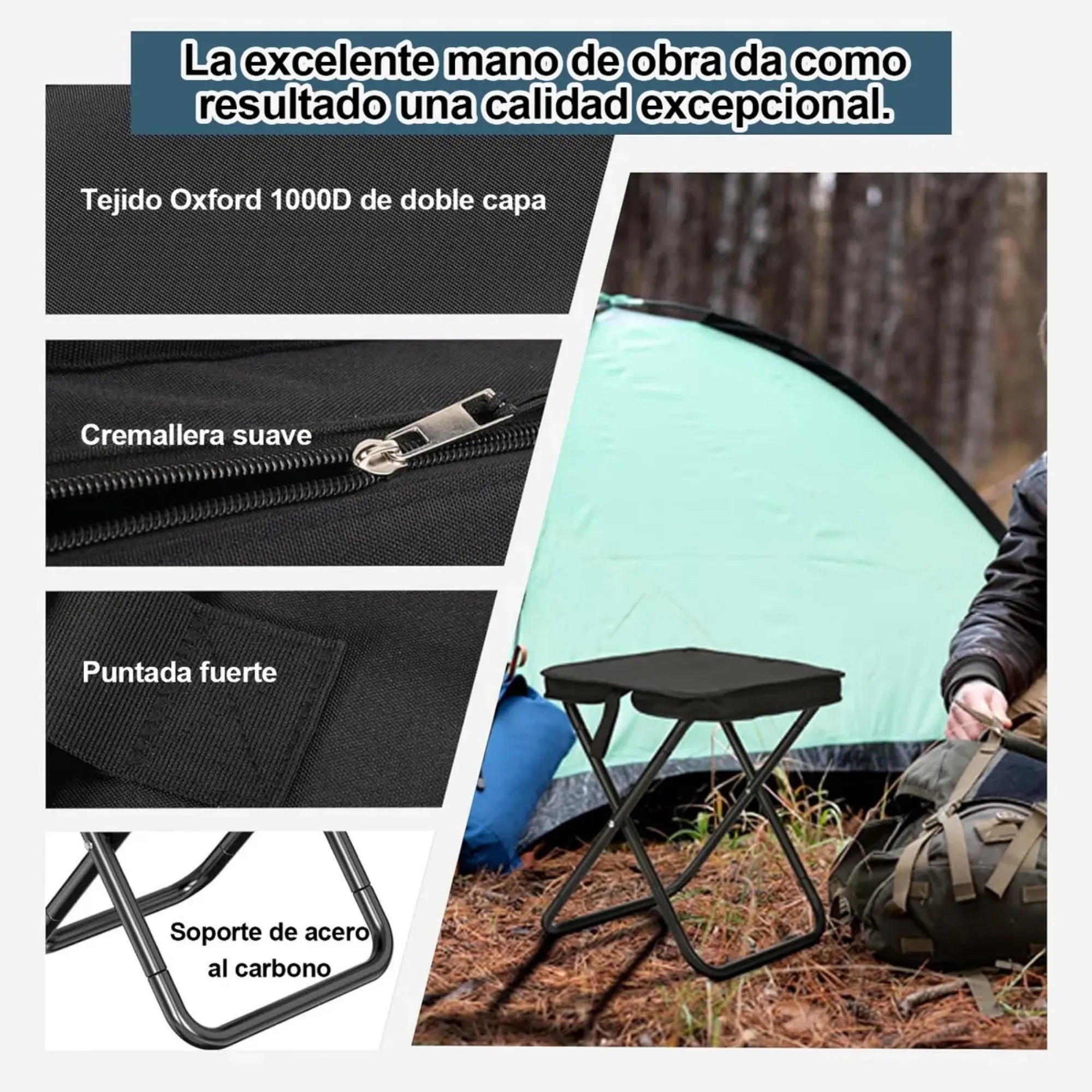 Asiento Portátil Plegable 2 en 1 con Bolso Integrado | Taburete Ligero de Acero al Carbono para Camping, Pesca y Senderismo | Silla de Viaje Compacta con Mochila de Almacenamiento | Tela Oxford Resistente
