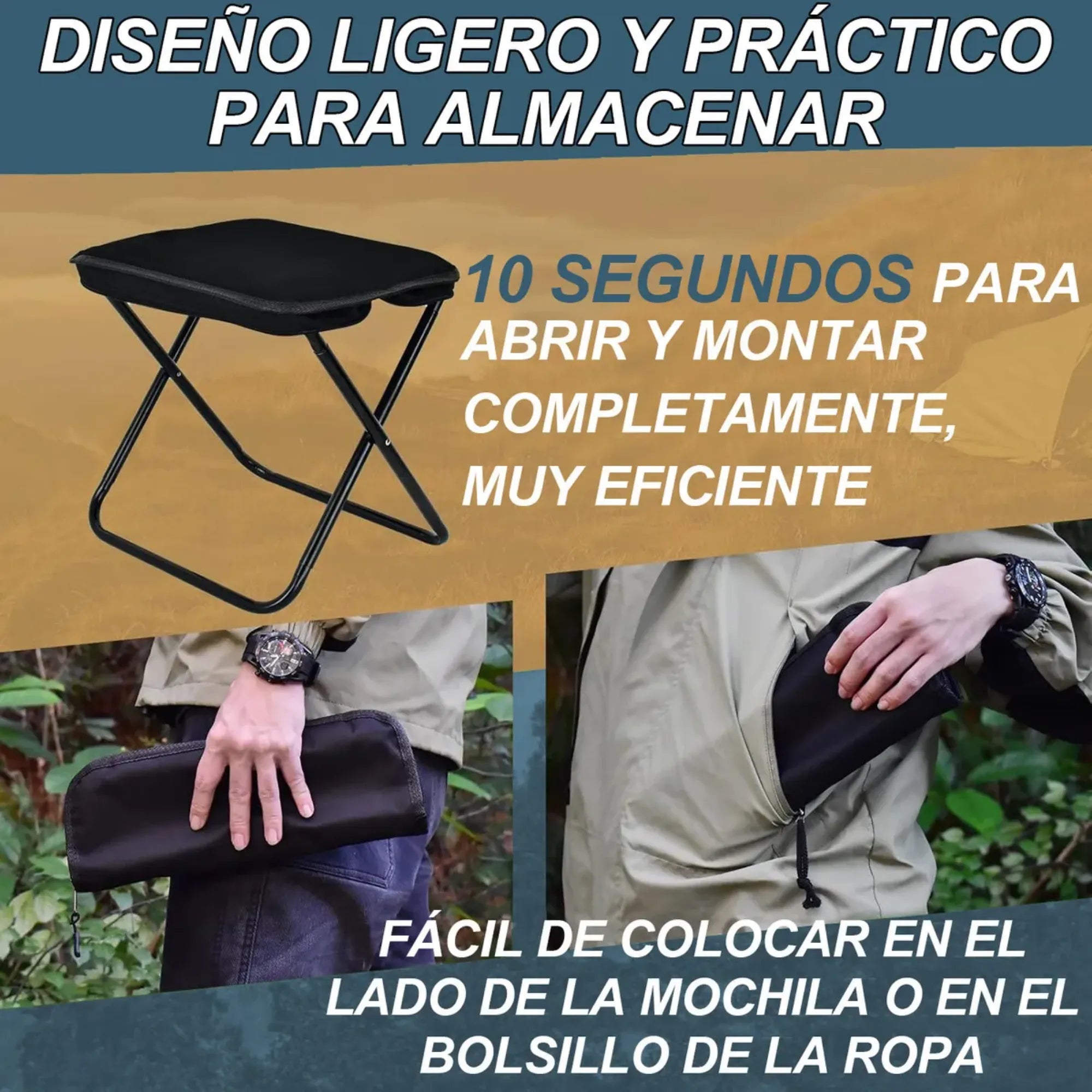 Asiento Portátil Plegable 2 en 1 con Bolso Integrado | Taburete Ligero de Acero al Carbono para Camping, Pesca y Senderismo | Silla de Viaje Compacta con Mochila de Almacenamiento | Tela Oxford Resistente