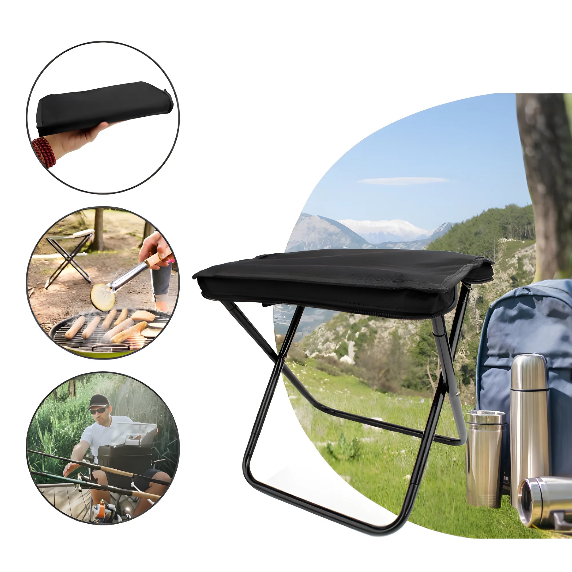 Asiento Portátil Plegable 2 en 1 con Bolso Integrado | Taburete Ligero de Acero al Carbono para Camping, Pesca y Senderismo | Silla de Viaje Compacta con Mochila de Almacenamiento | Tela Oxford Resistente