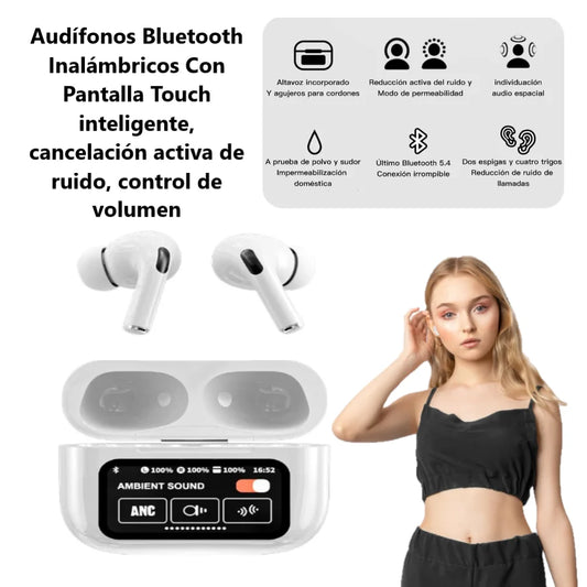 Audífonos Bluetooth con Pantalla Táctil Inteligente | Cancelación de Ruido, Control de Cámara