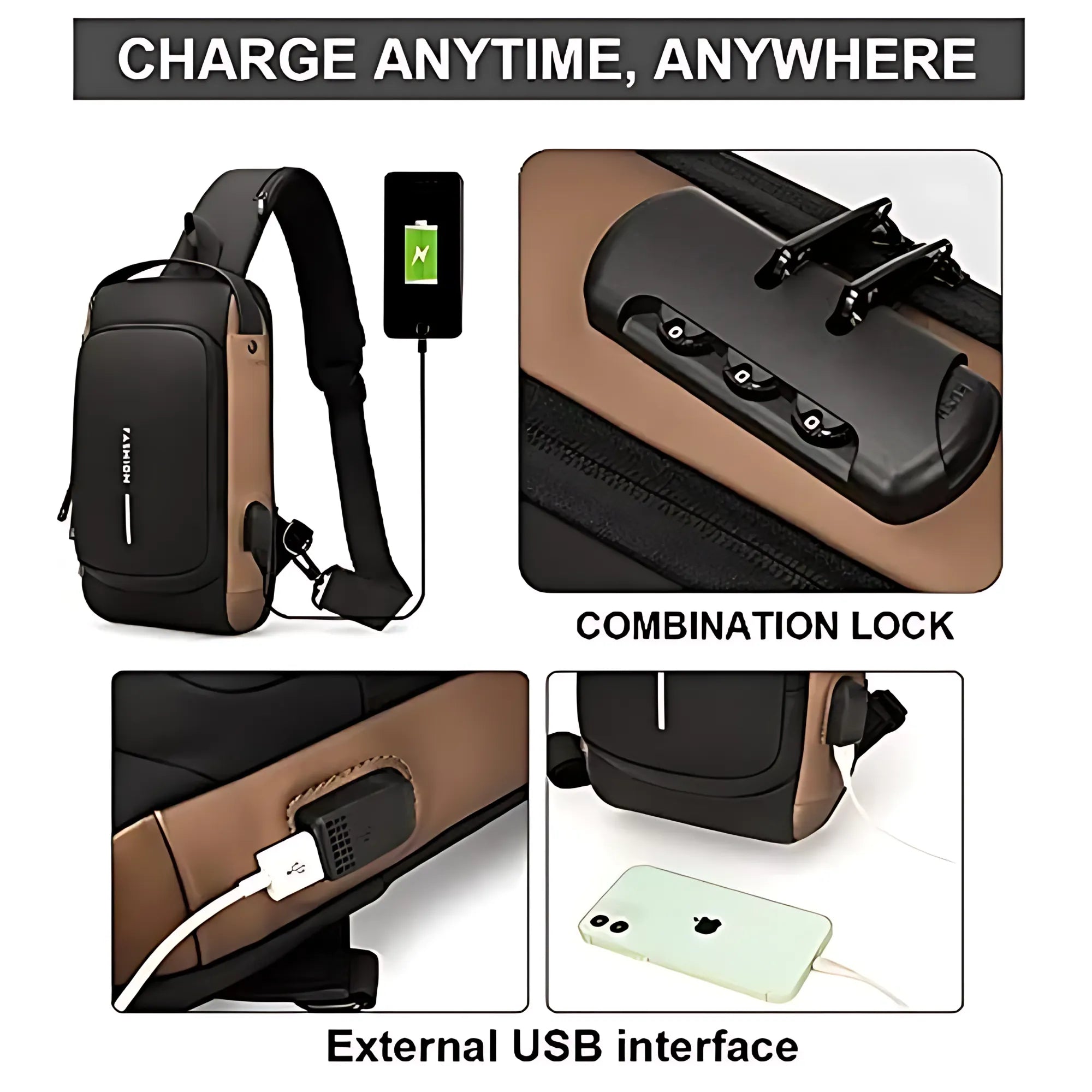 Bolso Antirrobo Impermeable Nexiora | Bandolera Cruzada con Candado de Combinación de 3 Dígitos | Puerto de Carga USB y Tira Reflectante | Tela Oxford de Alta Calidad | Ideal para iPad, Viajes, Trabajo y Escuela