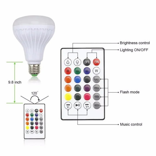 Bombillo LED RGB con Parlante Bluetooth | Luz Multicolor, Control Remoto y Sonido Integrado Base E27