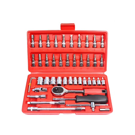 Juego de Llaves y Dados de 46 Piezas con Matraca | Kit de Herramientas Profesional en Estuche Rígido | Trinquete Versátil para Bricolaje, Mecánica y Reparaciones | Acero Resistente