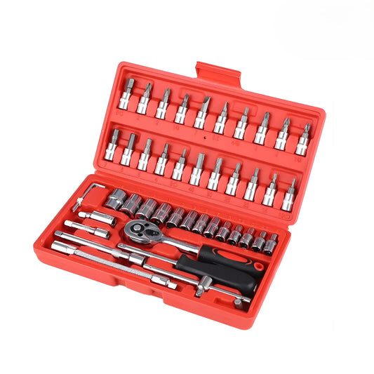 Juego de Llaves y Dados de 46 Piezas con Matraca | Kit de Herramientas Profesional en Estuche Rígido | Trinquete Versátil para Bricolaje, Mecánica y Reparaciones | Acero Resistente