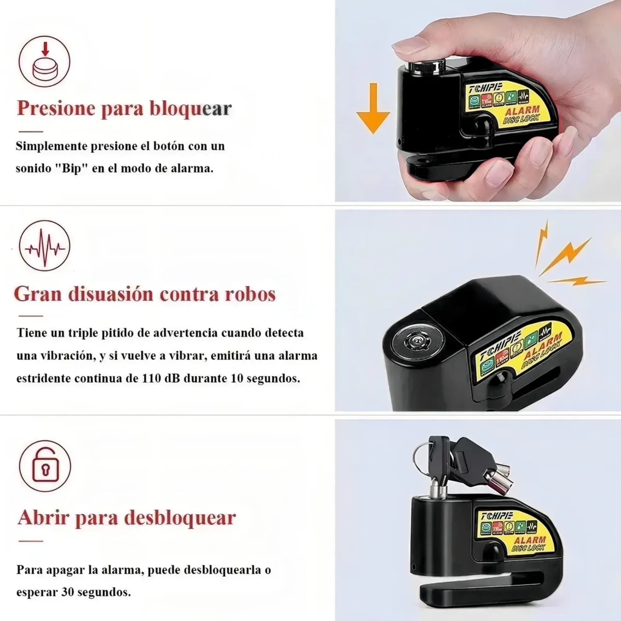 Candado de Alarma para Motocicleta y Scooter | Bloqueo de Freno de Disco Antirrobo 110dB | Fabricado en Aleación de Aluminio Impermeable | Sensor de Vibración de Alta Sensibilidad | Universal para Moto y Bicicleta
