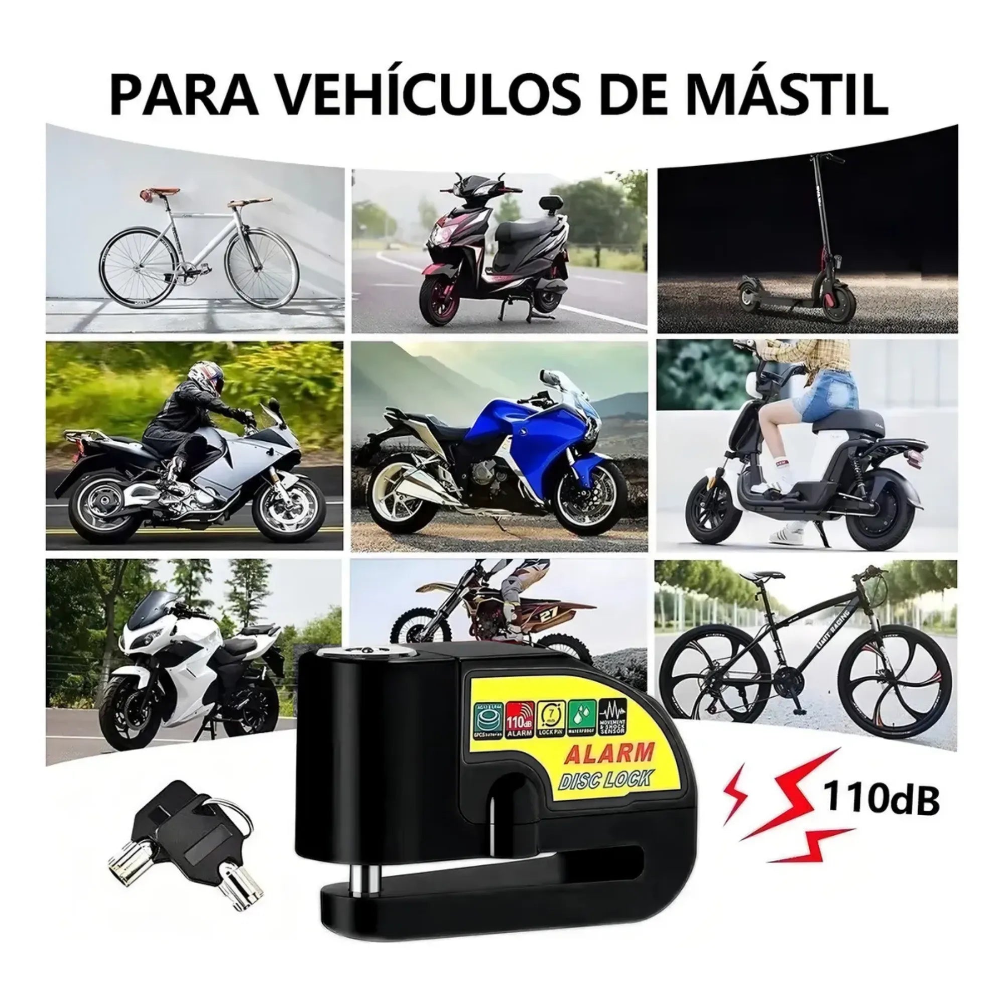 Candado de Alarma para Motocicleta y Scooter | Bloqueo de Freno de Disco Antirrobo 110dB | Fabricado en Aleación de Aluminio Impermeable | Sensor de Vibración de Alta Sensibilidad | Universal para Moto y Bicicleta