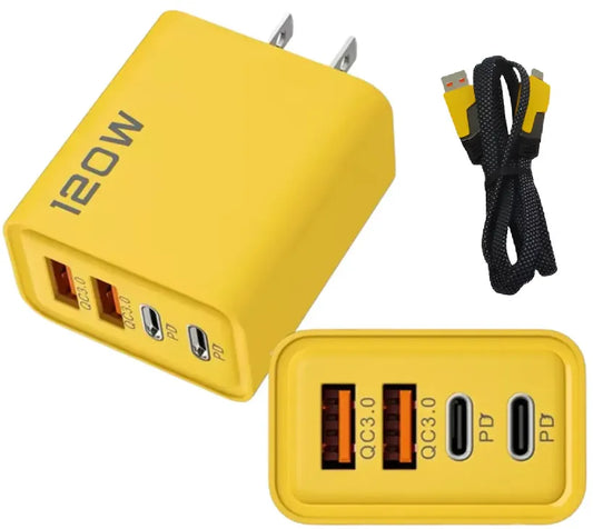 Cargador Rápido GaN 120W Nexiora | Hub de Carga con Puerto USB-C y USB-A | Incluye Cable 4 en 1 Reforzado de 65W | Carga Eficiente para Laptop, iOS y Android | Diseño Compacto para Viajes