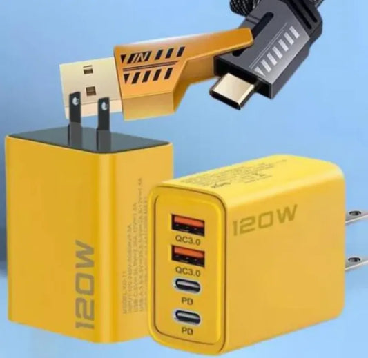 Cargador Rápido GaN 120W Nexiora | Hub de Carga con Puerto USB-C y USB-A | Incluye Cable 4 en 1 Reforzado de 65W | Carga Eficiente para Laptop, iOS y Android | Diseño Compacto para Viajes