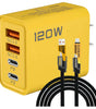 Cargador Rápido GaN 120W Nexiora | Hub de Carga con Puerto USB-C y USB-A | Incluye Cable 4 en 1 Reforzado de 65W | Carga Eficiente para Laptop, iOS y Android | Diseño Compacto para Viajes