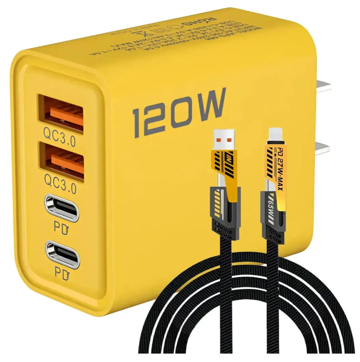 Cargador Rápido GaN 120W Nexiora | Hub de Carga con Puerto USB-C y USB-A | Incluye Cable 4 en 1 Reforzado de 65W | Carga Eficiente para Laptop, iOS y Android | Diseño Compacto para Viajes
