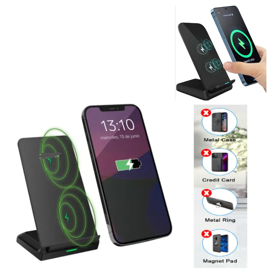 Cargador Inalámbrico de Carga Rápida 15W Qi | Soporte Vertical y Horizontal para iPhone, Samsung, Motorola y LG