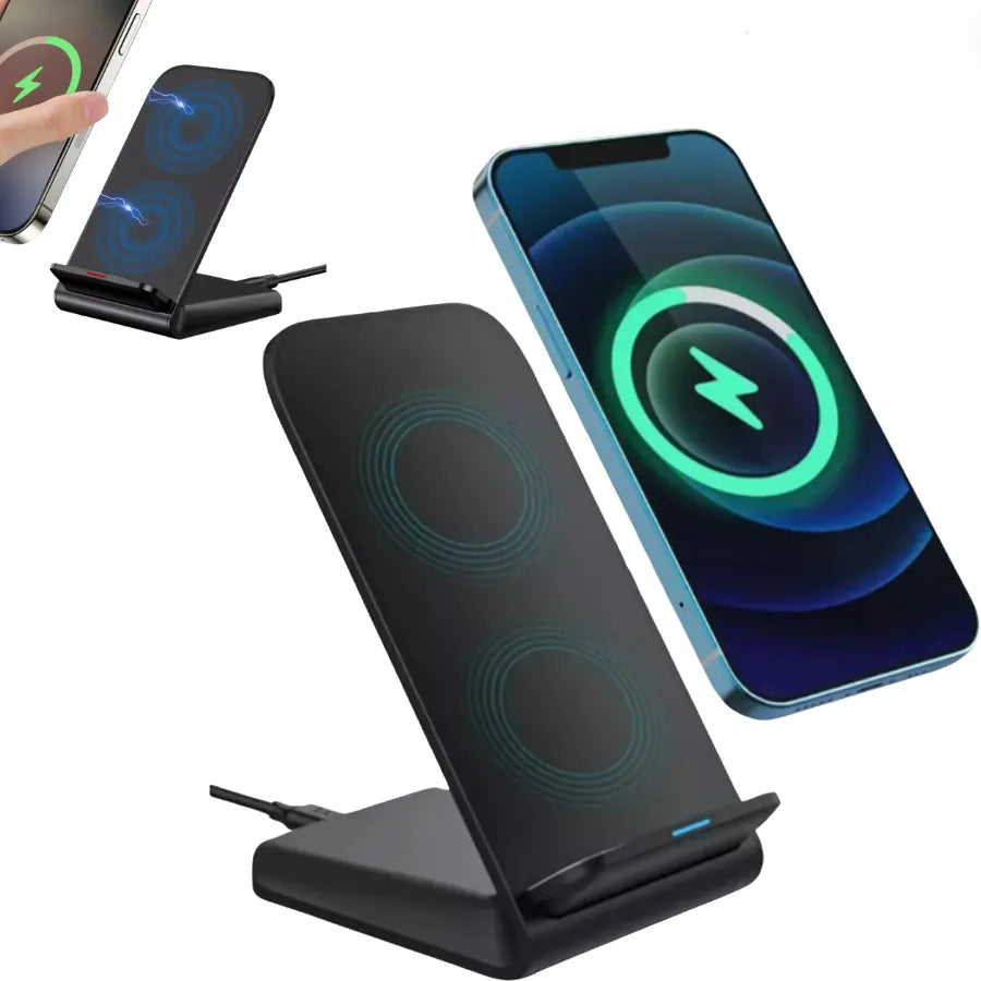 Cargador Inalámbrico de Carga Rápida 15W Qi | Soporte Vertical y Horizontal para iPhone, Samsung, Motorola y LG