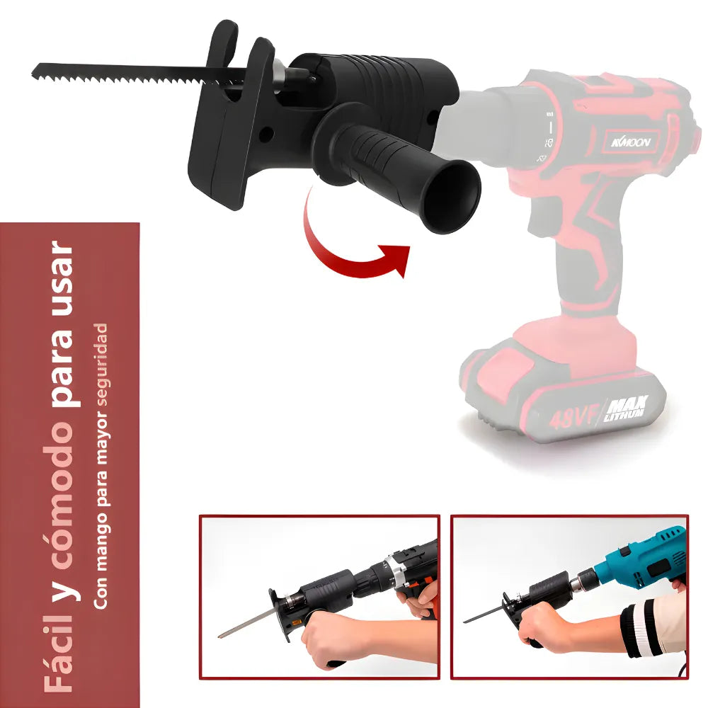 Adaptador de Sierra Recíproca para Taladro | Kit de Carpintería con 3 Hojas de Sierra | Cortador Versátil para Madera y Metal | Mango Antideslizante y Deflector de Seguridad