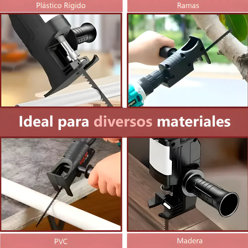 Adaptador de Sierra Recíproca para Taladro | Kit de Carpintería con 3 Hojas de Sierra | Cortador Versátil para Madera y Metal | Mango Antideslizante y Deflector de Seguridad