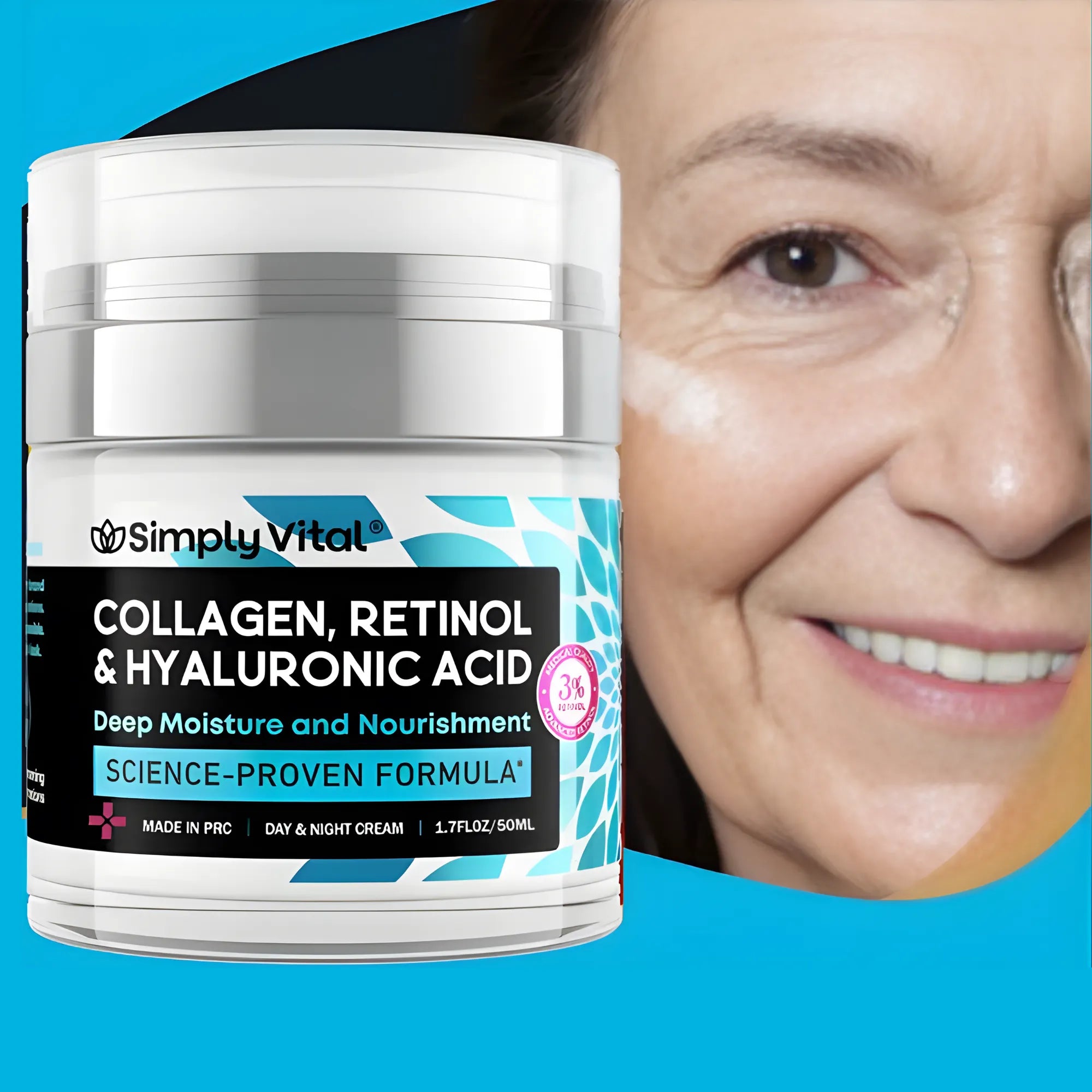 Crema Facial Antiedad 50ml | Retinol + Colágeno + Ácido Hialurónico | Hidratación Profunda Día y Noche con Protección Solar | Libre de Parabenos