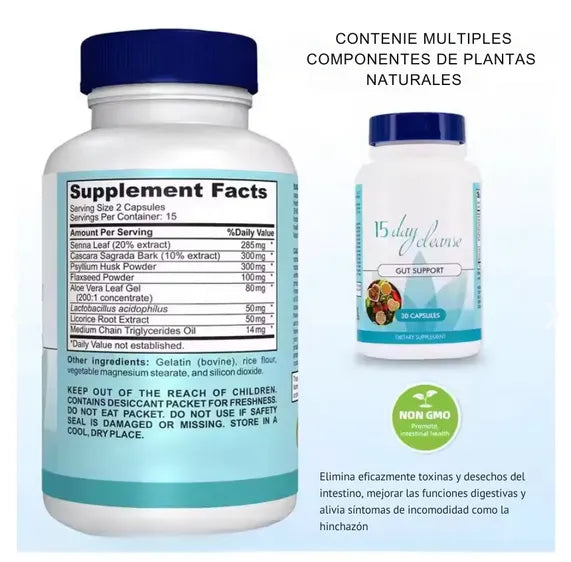 Suplemento Detox y Limpieza de Colon 30 Cápsulas | Tratamiento de 15 Días para Digestión, Hinchazón y Energía Natural