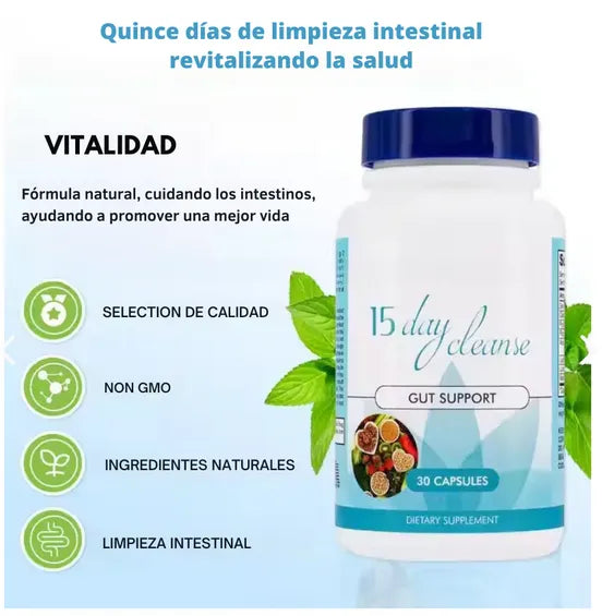 Suplemento Detox y Limpieza de Colon 30 Cápsulas | Tratamiento de 15 Días para Digestión, Hinchazón y Energía Natural