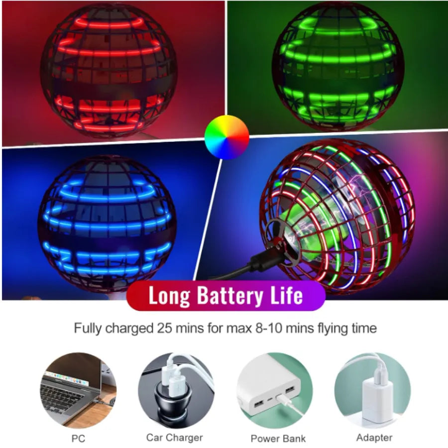 Dron Bola Voladora Inteligente con Luces LED | Esfera Boomerang de Inducción, Carga USB y Protección Anti-Impactos
