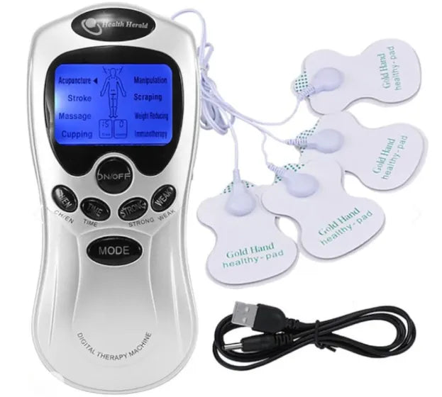 Electro Estimulador Masajeador TENS 4 Parches | Unidad de Terapia Digital para Alivio del Dolor, Fatiga y Recuperación Muscular | 15 Niveles de Intensidad