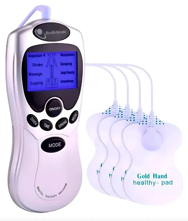 Electro Estimulador Masajeador TENS 4 Parches | Unidad de Terapia Digital para Alivio del Dolor, Fatiga y Recuperación Muscular | 15 Niveles de Intensidad