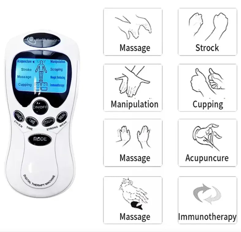 Electro Estimulador Masajeador TENS 4 Parches | Unidad de Terapia Digital para Alivio del Dolor, Fatiga y Recuperación Muscular | 15 Niveles de Intensidad