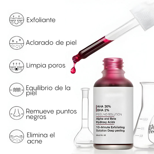 Suero Exfoliante Peeling Facial AHA 30% + BHA 2% | Solución Renovadora de 10 Minutos para Manchas, Acné y Poros | Con Aloe Vera y B5