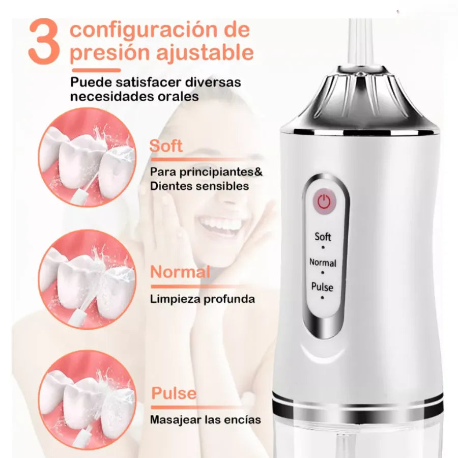 Irrigador Bucal Eléctrico Portátil 220ml | Limpiador de Dientes de Alta Presión IPX7 | 3 Modos de Uso y Carga USB | Ideal para Ortodoncia