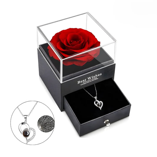 Rosa Eterna Preservada en Mini Joyero de Lujo | Set con Collar de Corazón Gemas Mixtas | Regalo Romántico para Aniversario, Cumpleaños y Día de la Madre | Caja de Terciopelo Elegante
