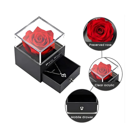 Rosa Eterna Preservada en Mini Joyero de Lujo | Set con Collar de Corazón Gemas Mixtas | Regalo Romántico para Aniversario, Cumpleaños y Día de la Madre | Caja de Terciopelo Elegante